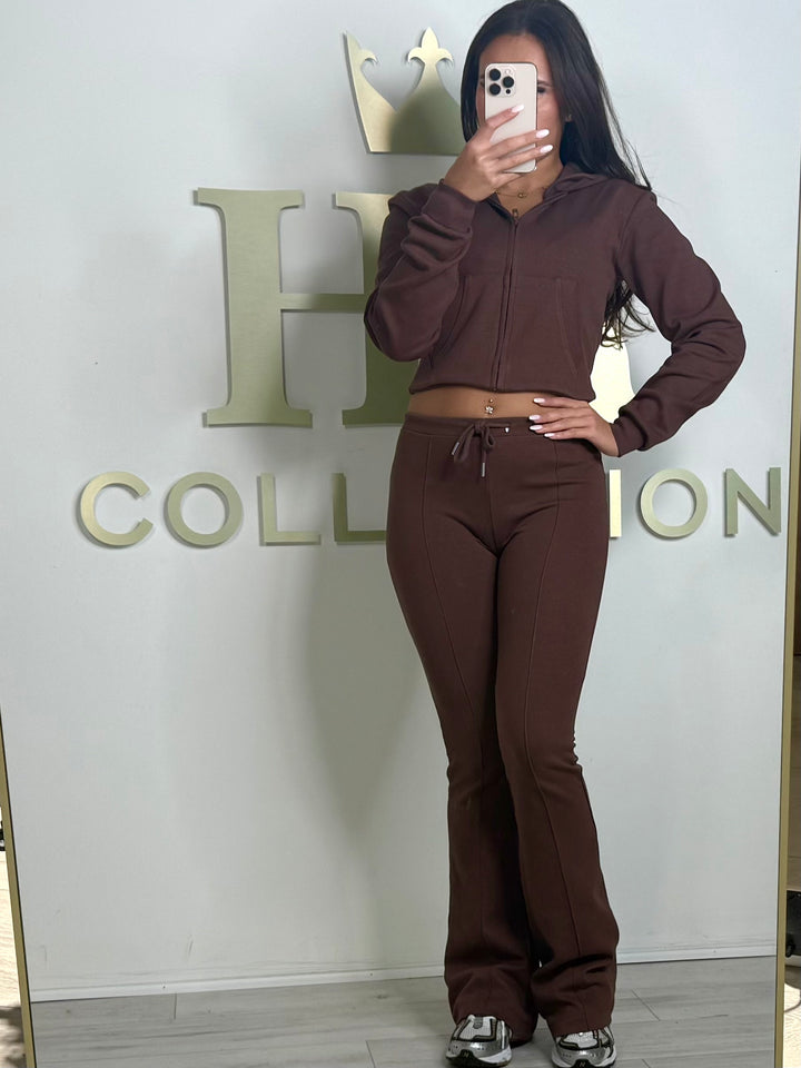 Brown Cropped Hooded Jacket & Flared Leg Trouser Co-ord