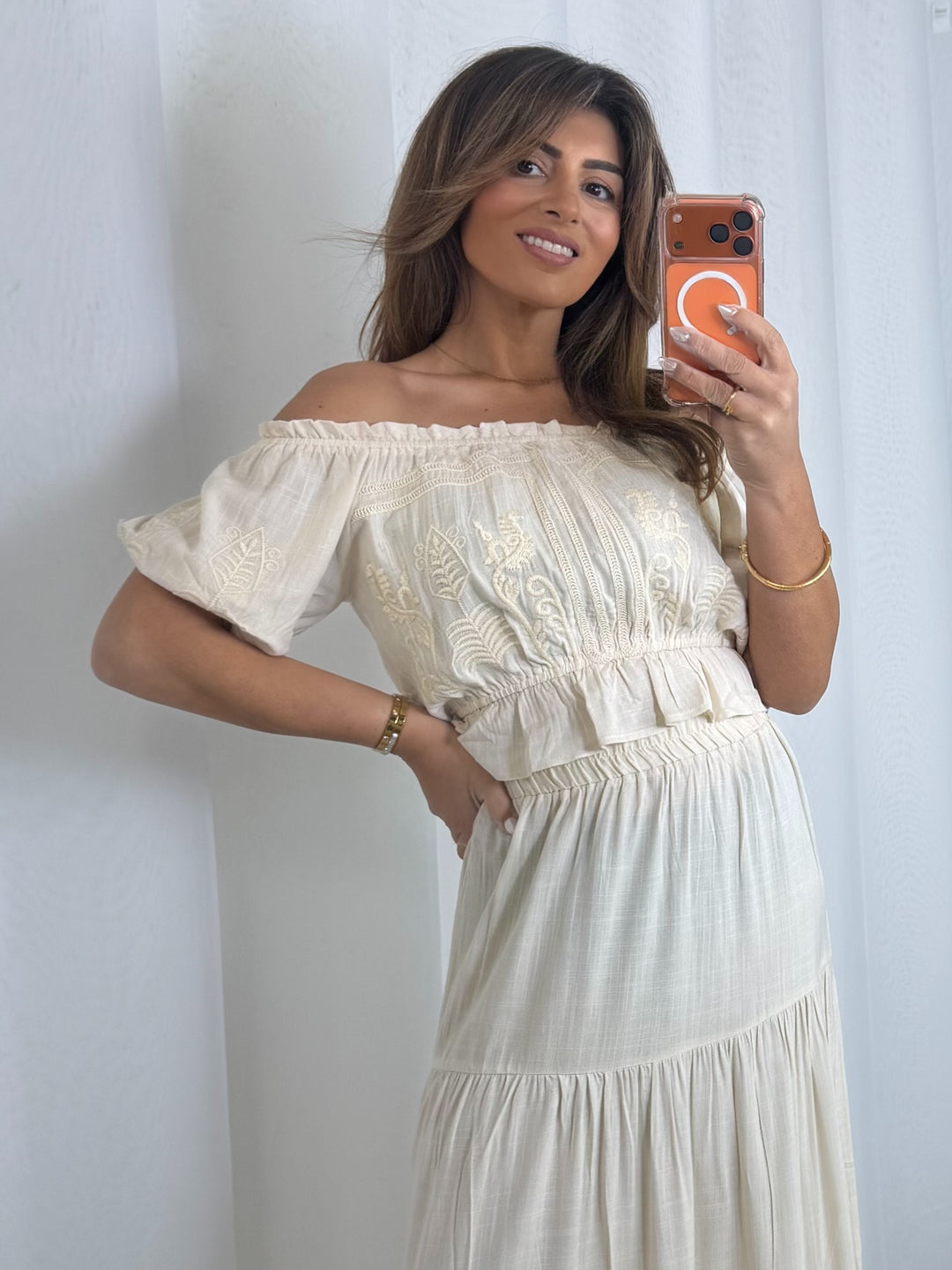 Embroidered Aztec Print Bardot Top & Maxi Skirt Co-Ord (2 Colours)