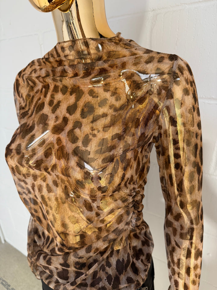 Leopard Mesh Bell Sleeve Top