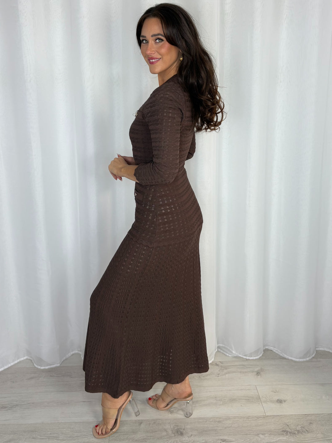 Textured Round Neck Gold Button Midi Dress (2 Colours)