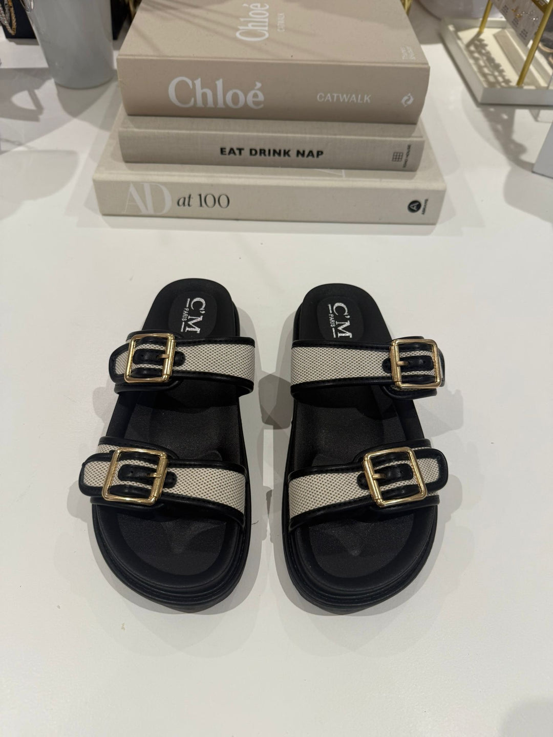 Double Buckle Contrast Woven Sandals (2 Colours)