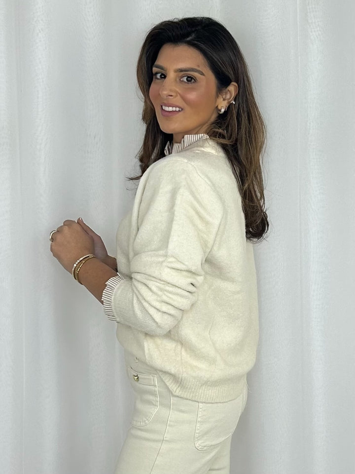 Pinstripe Frill Trim Fluffy Knit Jumper (2 Colours)