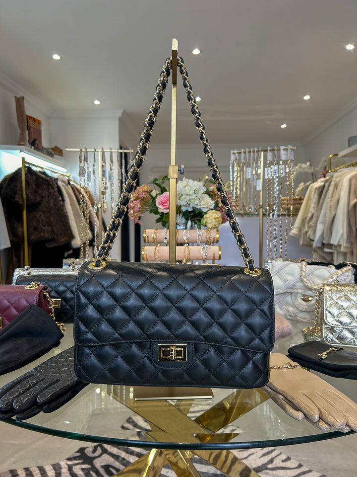 Large Genuine Leather Quilted Turn Lock Chain Handle Handbag (2 Colours)