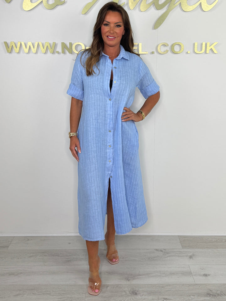 Linen Pinstripe Button Up Collared Maxi Dress (4 Colours)