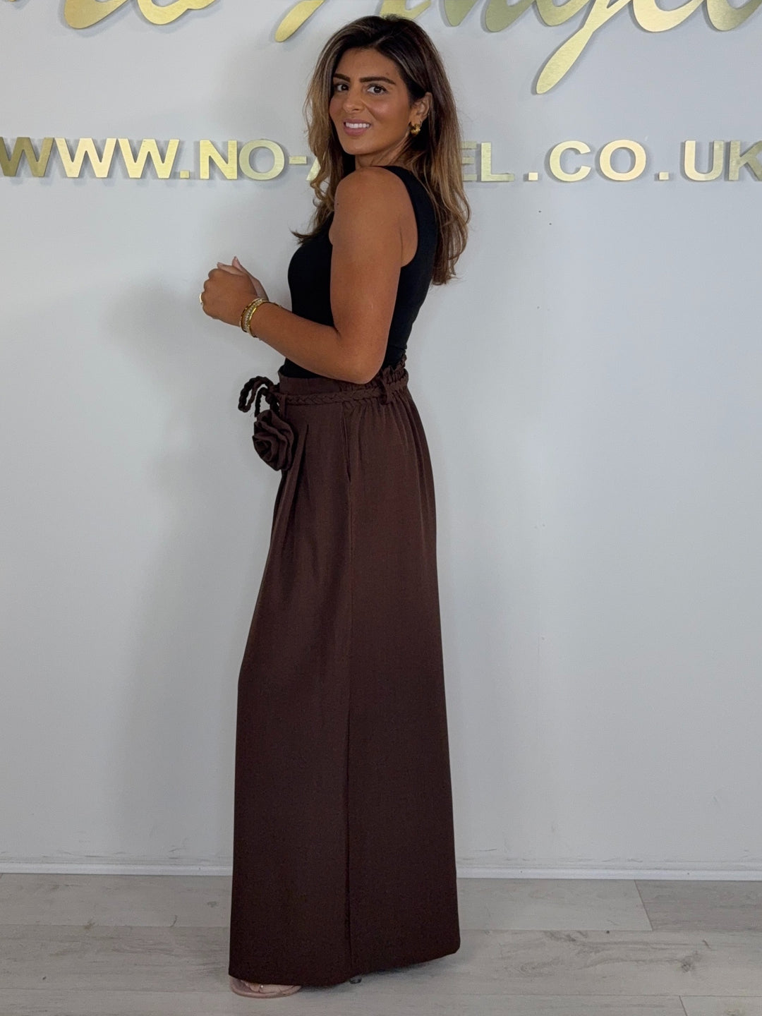 Wide Leg Plaited Belt Detail Flower Broach Trousers (4 Colours)