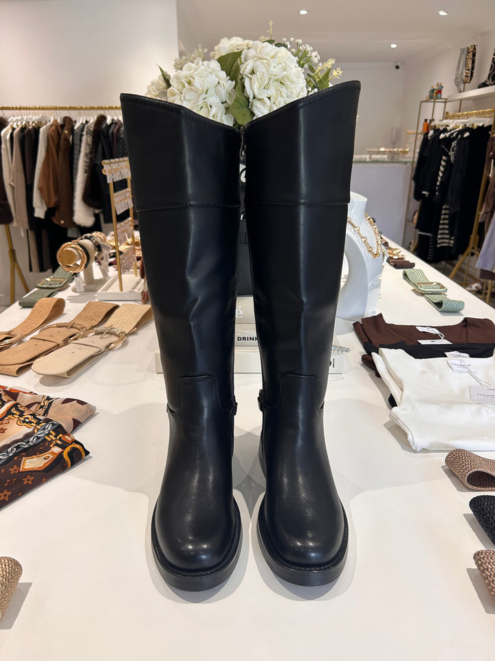 Faux Leather Silver Bit Detail Knee Length Boots