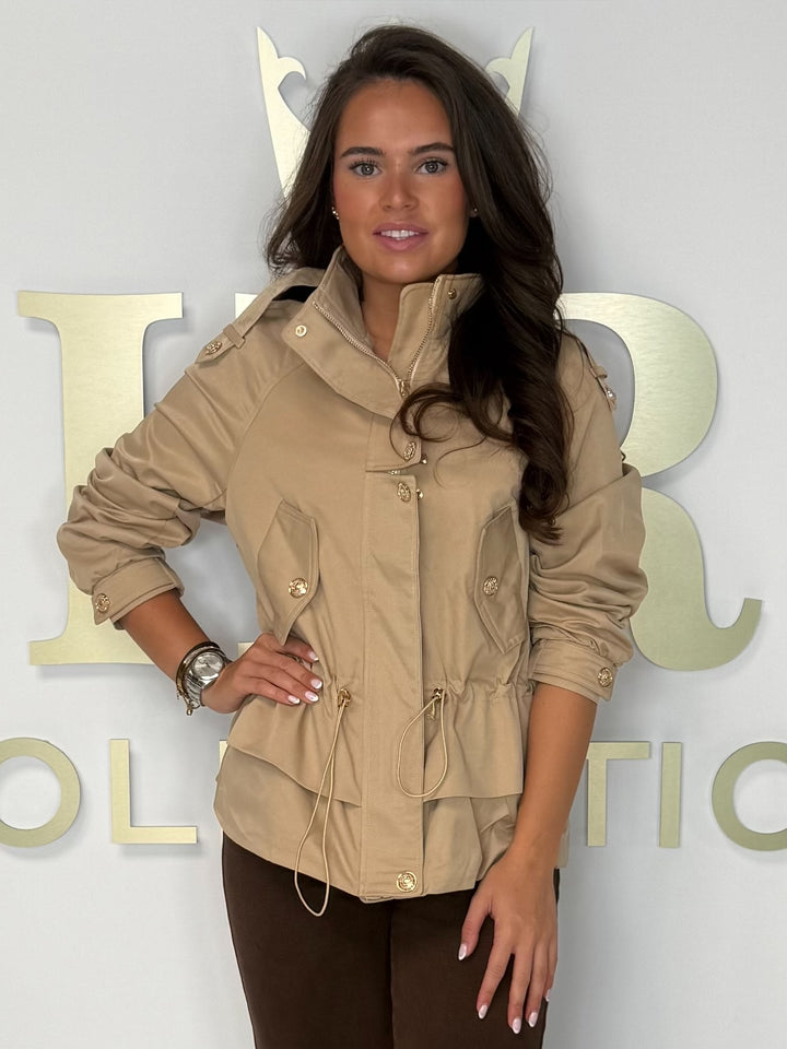 Funnel Neck Gold Button Multi Pocket Jacket