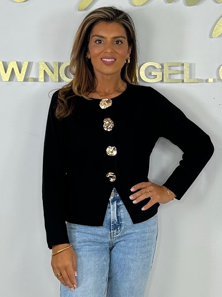 Soft Knit Round Neck Gold Button Cardigan (2 Colours)