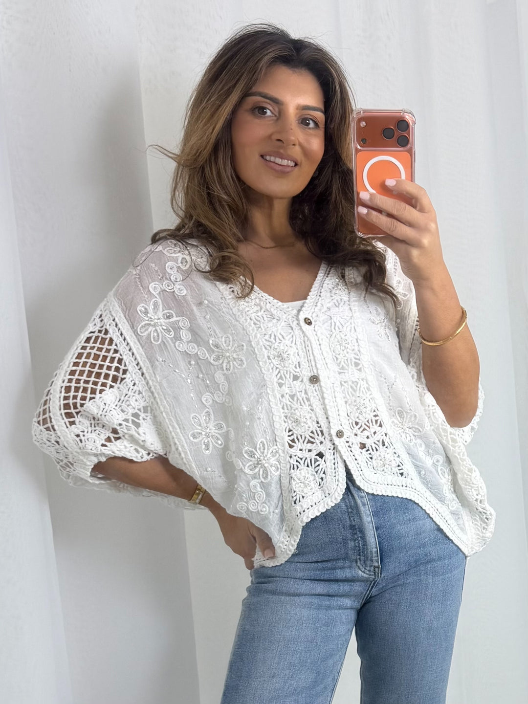 Crochet Pearl & Diamante Floral Cardigan (2 Colours)