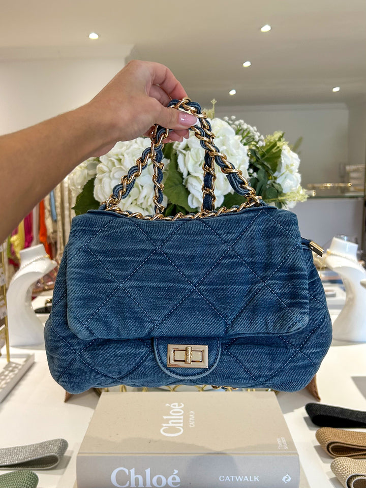 Gold Turnlock Denim Detail Bag With Chain Strap
