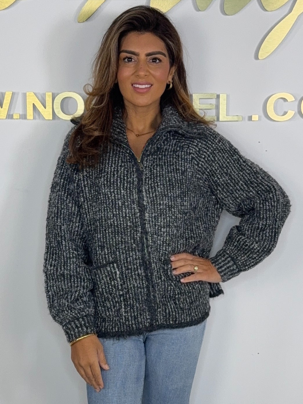Fleck Funnel Neck Zip Up Chucky Knit Cardigan (2 Colours)