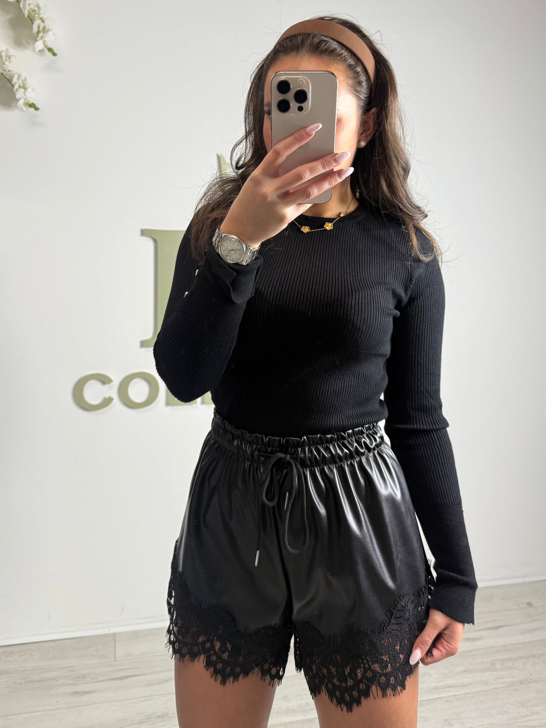 Faux Leather Lace Trim Shorts (2 Colours)