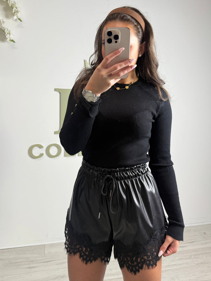 Faux Leather Lace Trim Shorts (2 Colours)