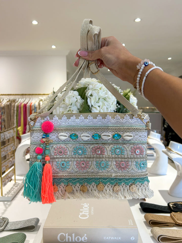 Neon Tassel Flower Embroidery Detail Clutch Bag