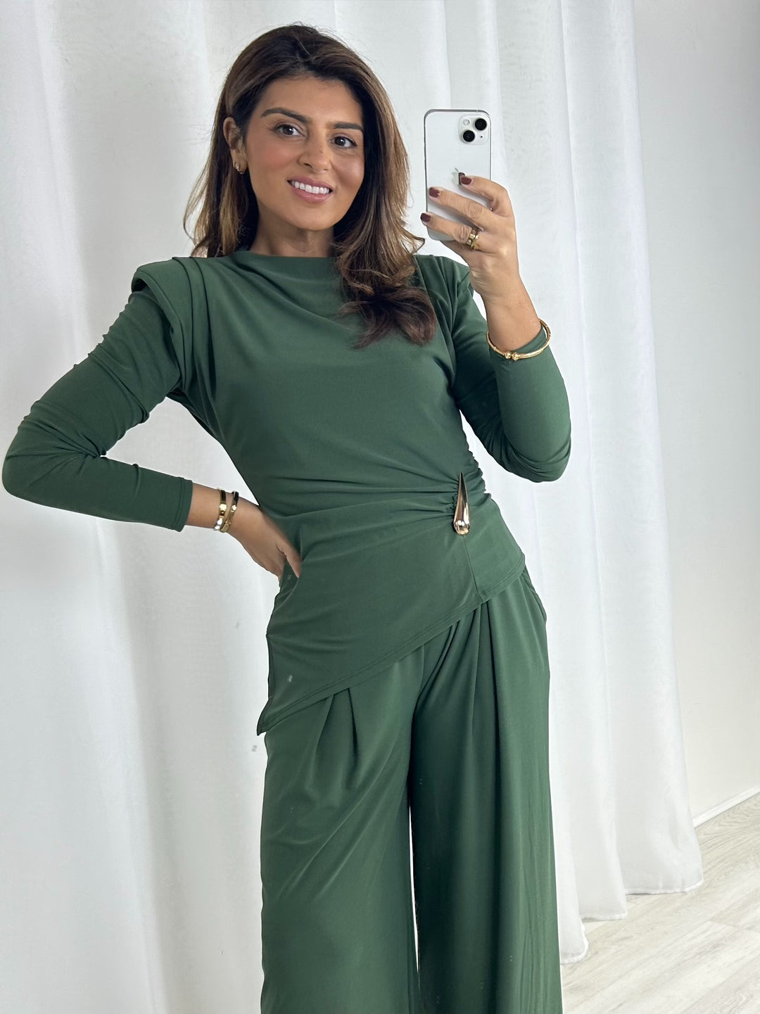 Shoulder Pad Long Sleeve Ruched Gold Hardware Trouser Co-Ord (4 Colours)