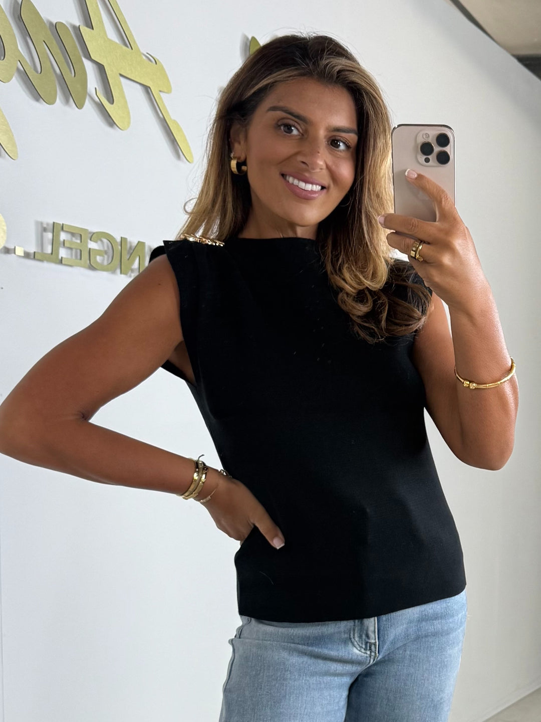 Soft Knit Cap Sleeve Ruched Shoulder Gold Pendant Top