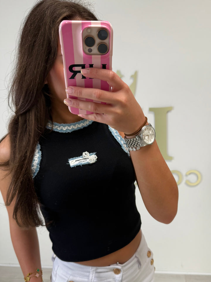 Racer Style Denim Trim Badge Detail Vest Top (2 Colours)
