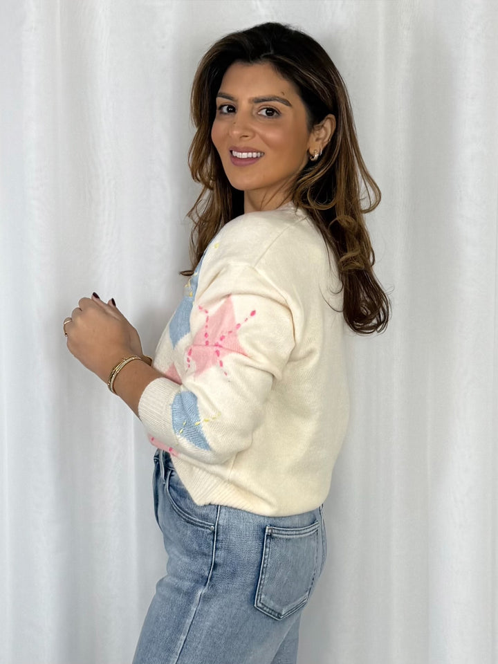 Cream Round Neck Soft Knit Diamond Ribbed Edge Jumper