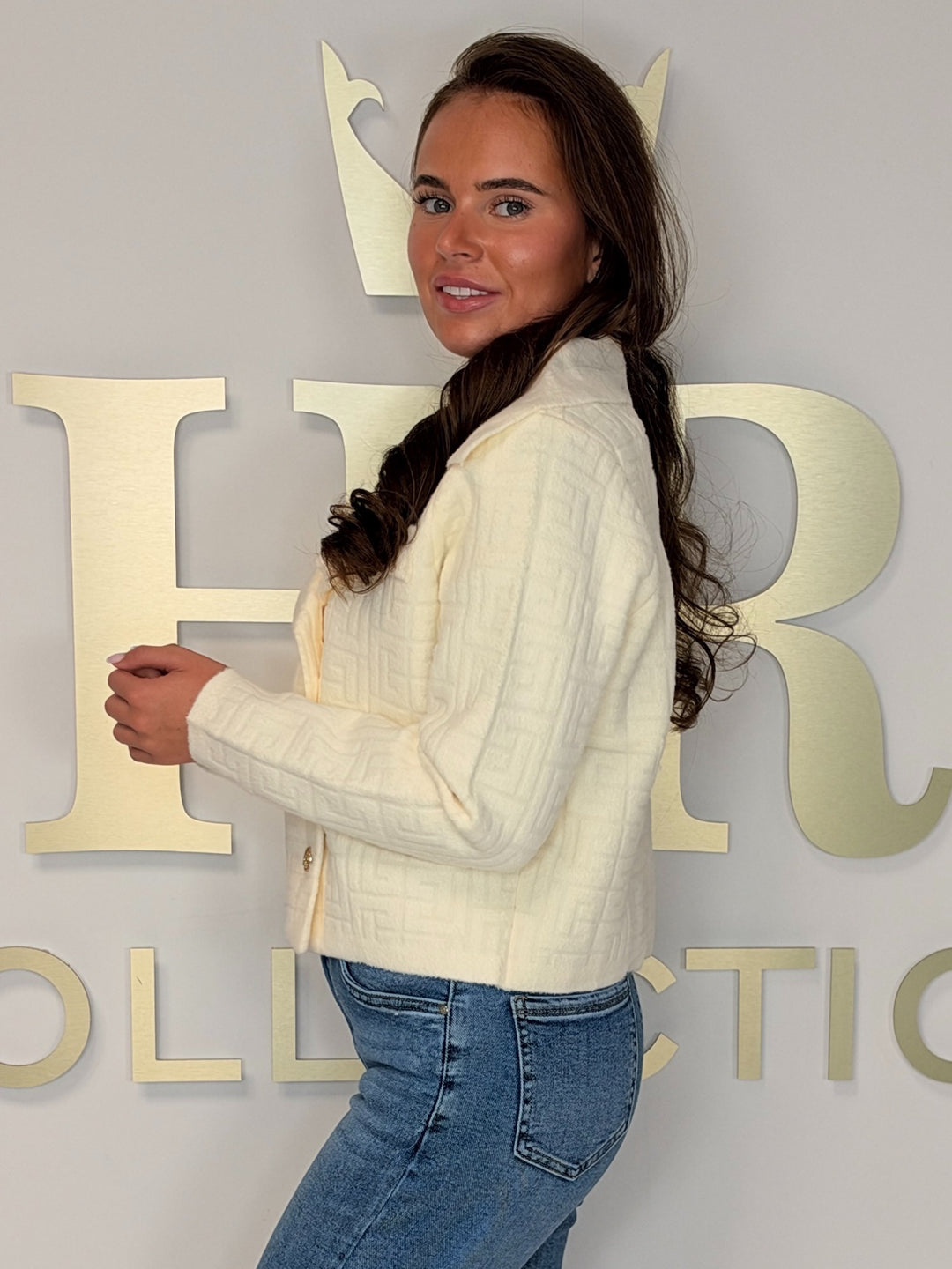 Cream Soft Knit Patterned Double Breasted Collared Jacket