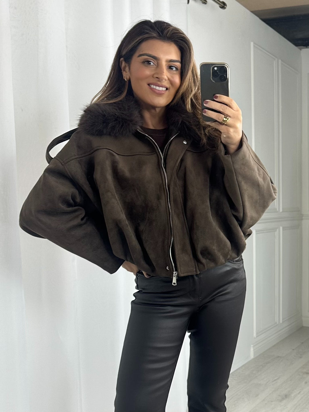 Brown Faux Suede Fur Collar Bomber Jacket