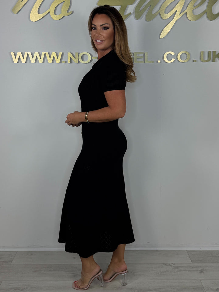 Ribbed Collared Gold Button Front Split Maxi Dress (2 Colours)