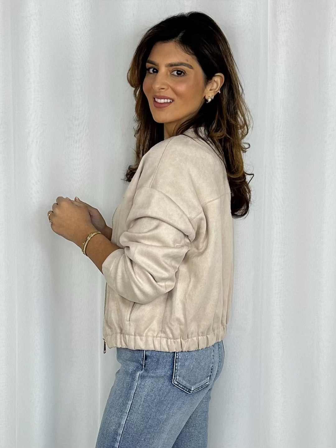 Gold Zip Up Faux Suede Bomber Jacket (2 Colours)