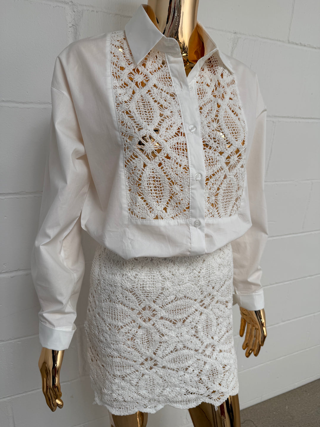 Long Sleeve Crochet Detail Collared Shirt And Skirt Co-ord