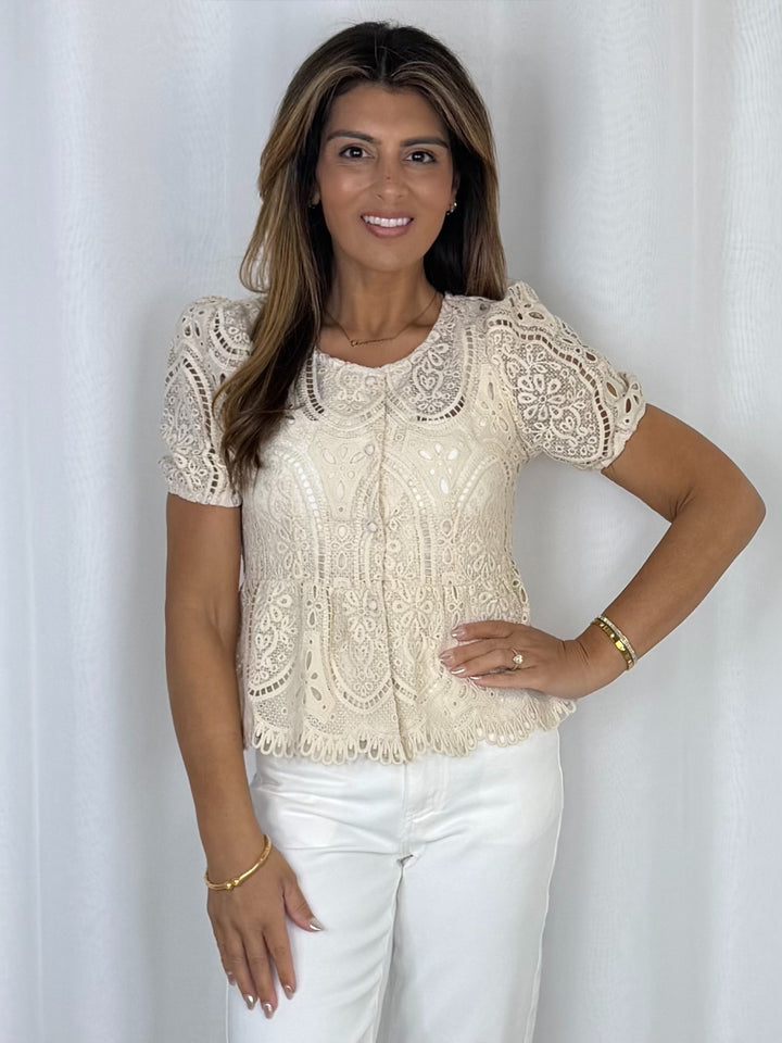 Laser Cut Out Peplum Button Up Shirt (2 Colours)