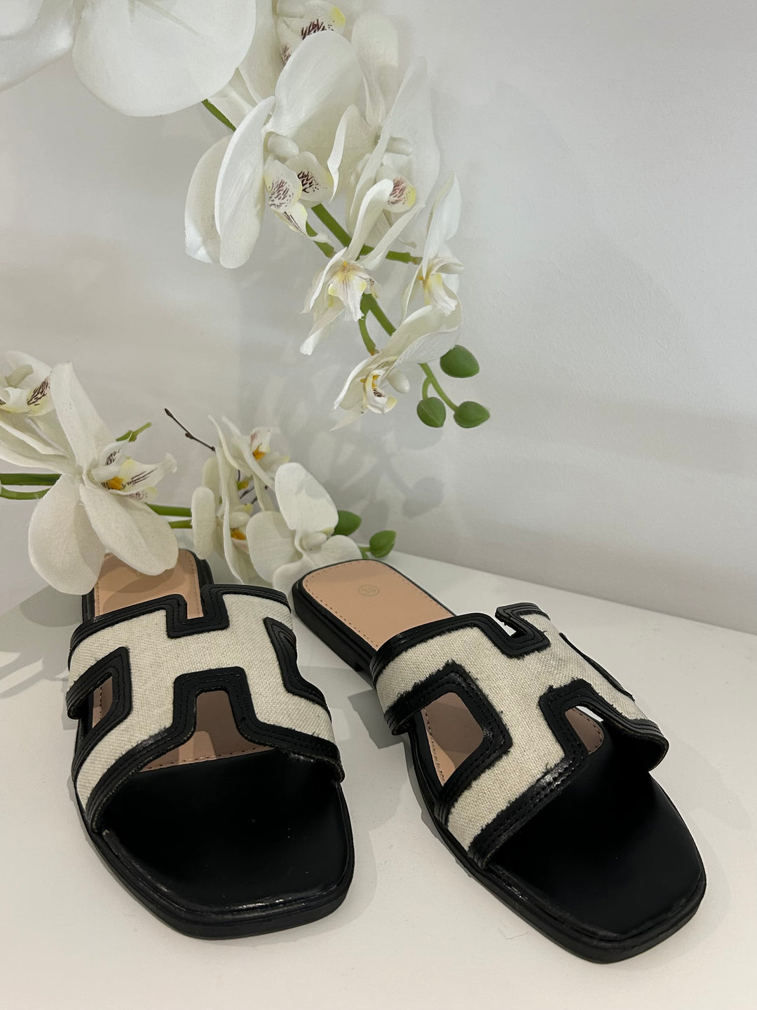 Block Canvas Faux Leather Trim Slider Style Sandal (2 Colours)