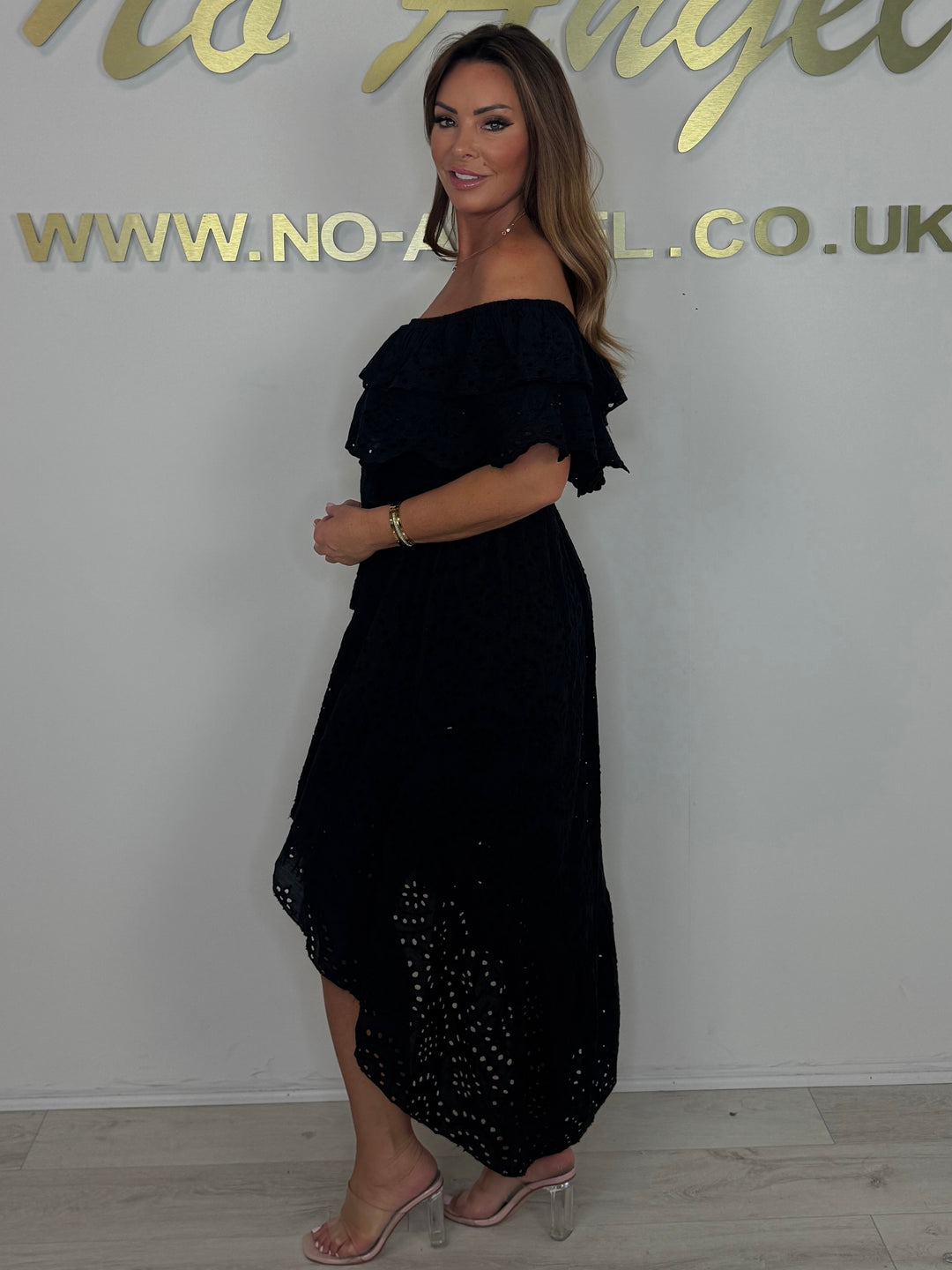 Embroidered Anglaise Laser Cut Bardot High Low Belted Dress (3 Colours)