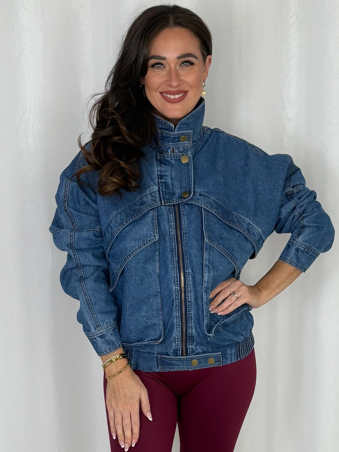 Denim Funnel Neck Jacket With Gold Button Detailing