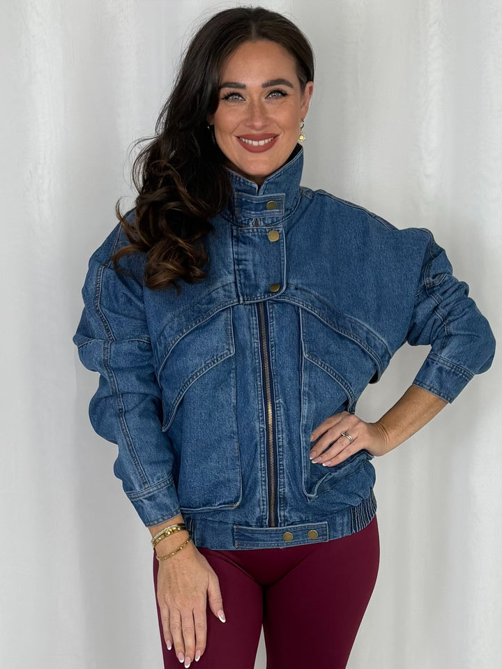 Denim Funnel Neck Jacket With Gold Button Detailing