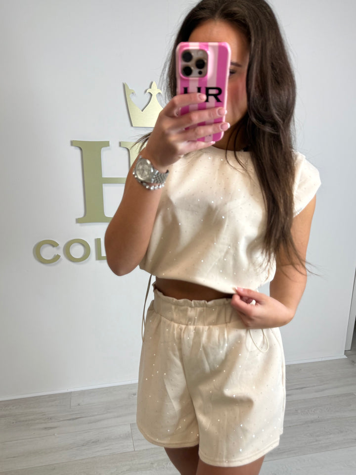 Shoulder Pad Jewelled Drawstring Top & Shorts Co-ord (2 Colours)