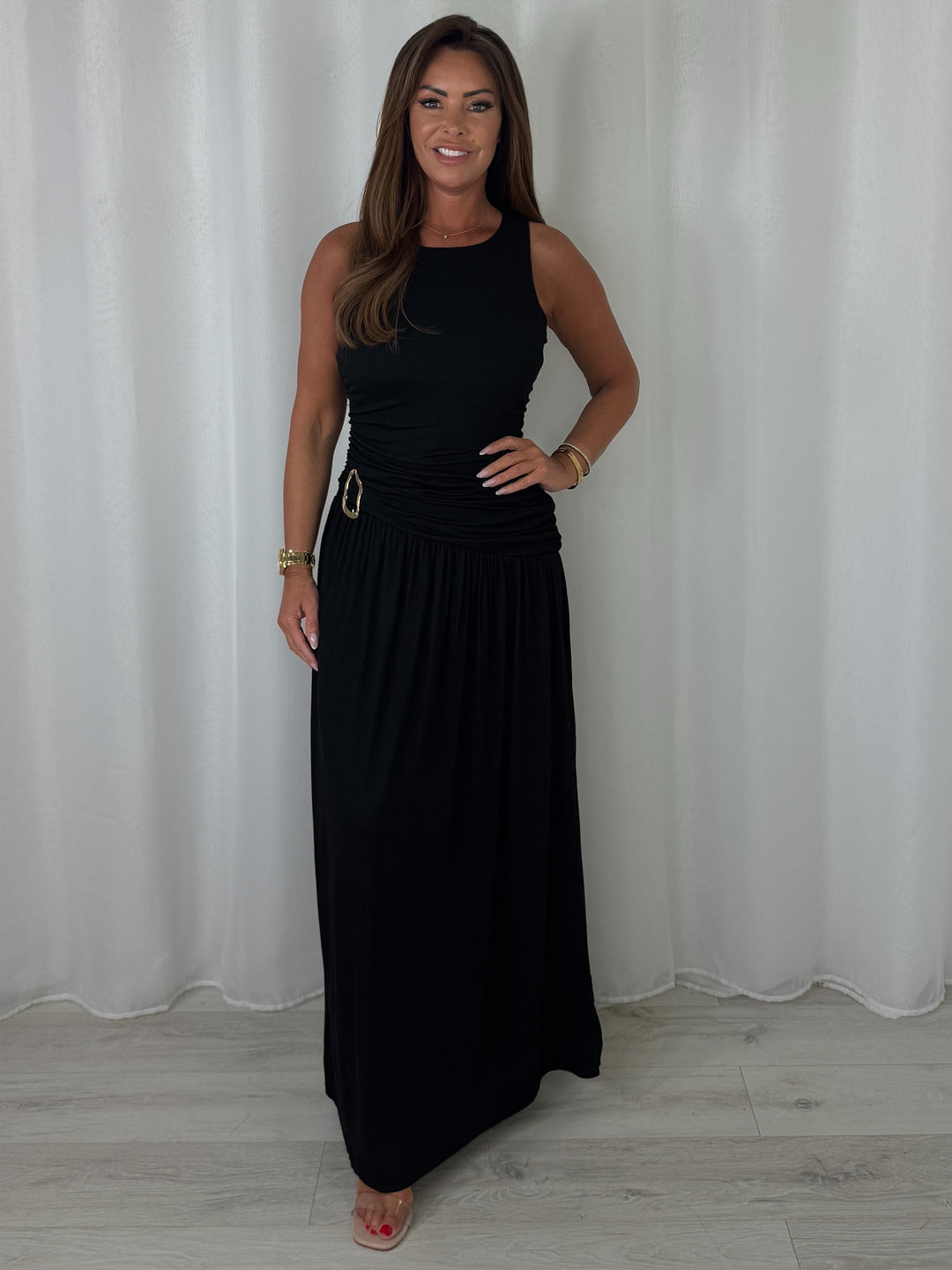 Round Neck Ruched Gold Buckle Side Split Maxi Dress (6 Colours)