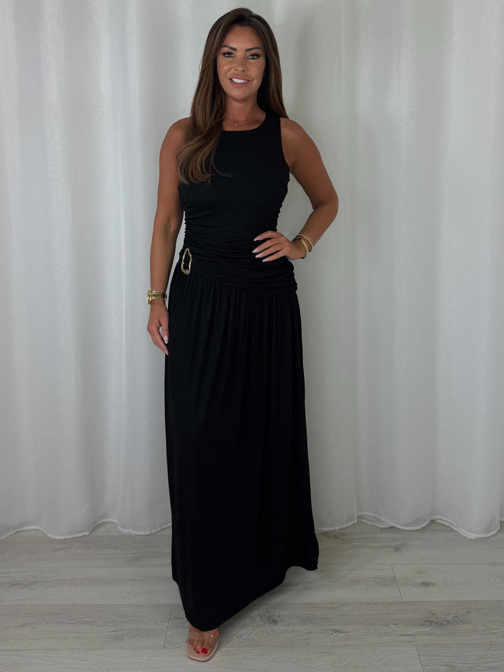 Round Neck Ruched Gold Buckle Side Split Maxi Dress (6 Colours)