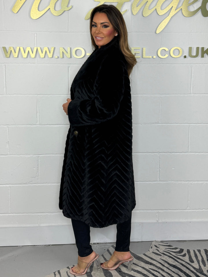 Faux Fur Herringbone Gold Button Chevron Long Coat (2 Colours)