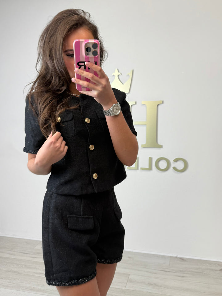 Shimmer Tweed Plaited Trim Gold Button Shorts Co-ord (2 Colours)