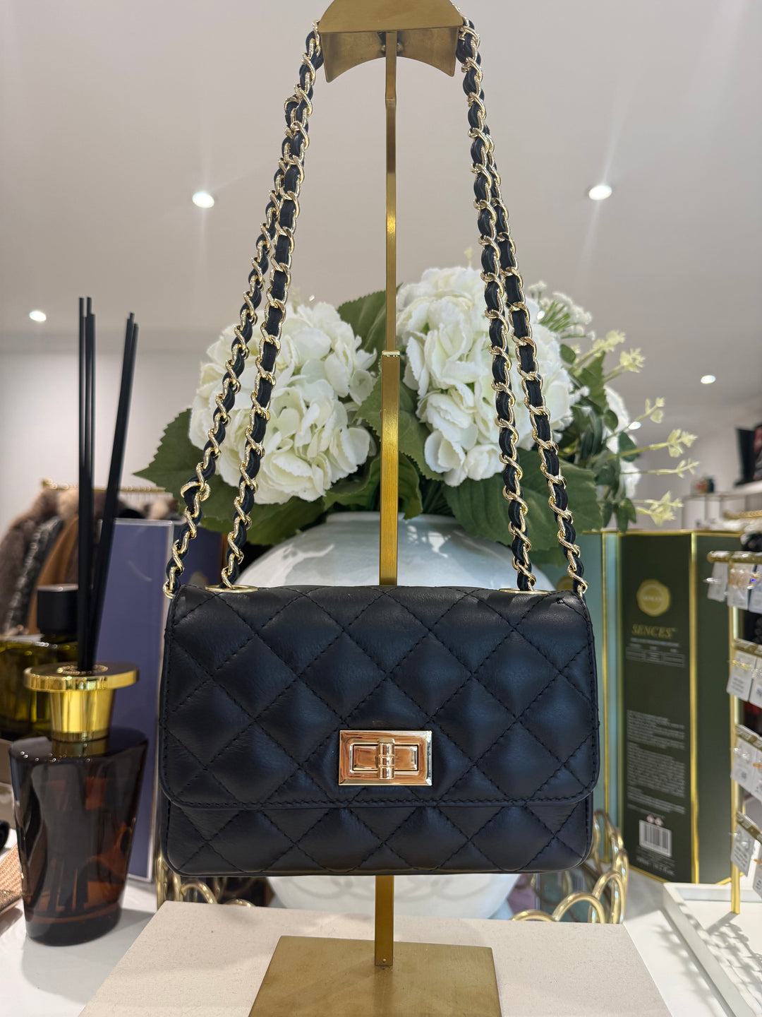 Genuine Leather Quilted Turn Lock Chain Handle Handbag (8 Colours)