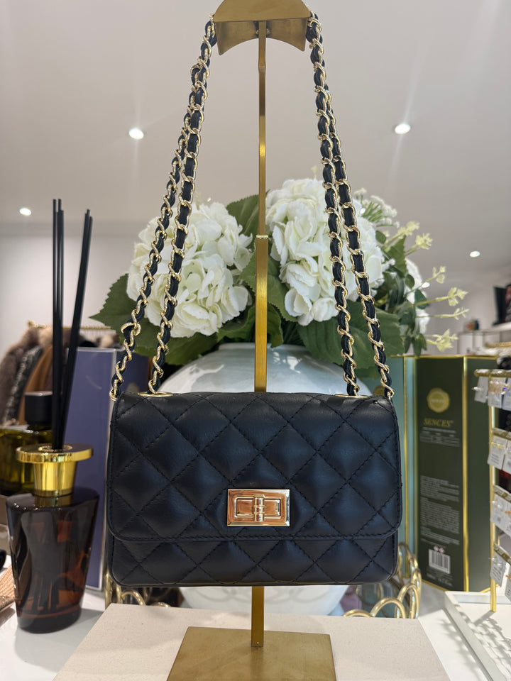 Genuine Leather Quilted Turn Lock Chain Handle Handbag (8 Colours)