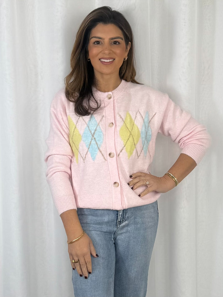 Yellow/Blue Diamond Design Button Up Pink Cardigan