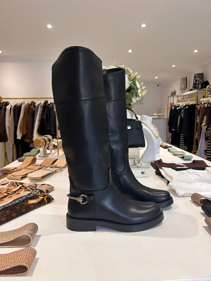 Faux Leather Silver Bit Detail Knee Length Boots