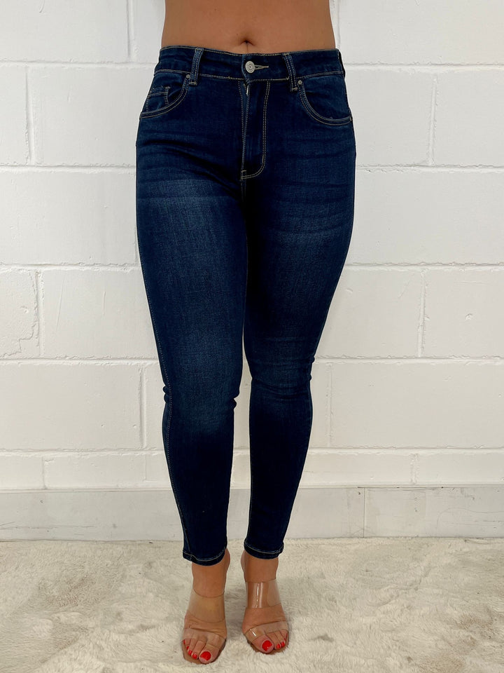 Dark Blue Push Up Bum High Waisted Plain Jeans