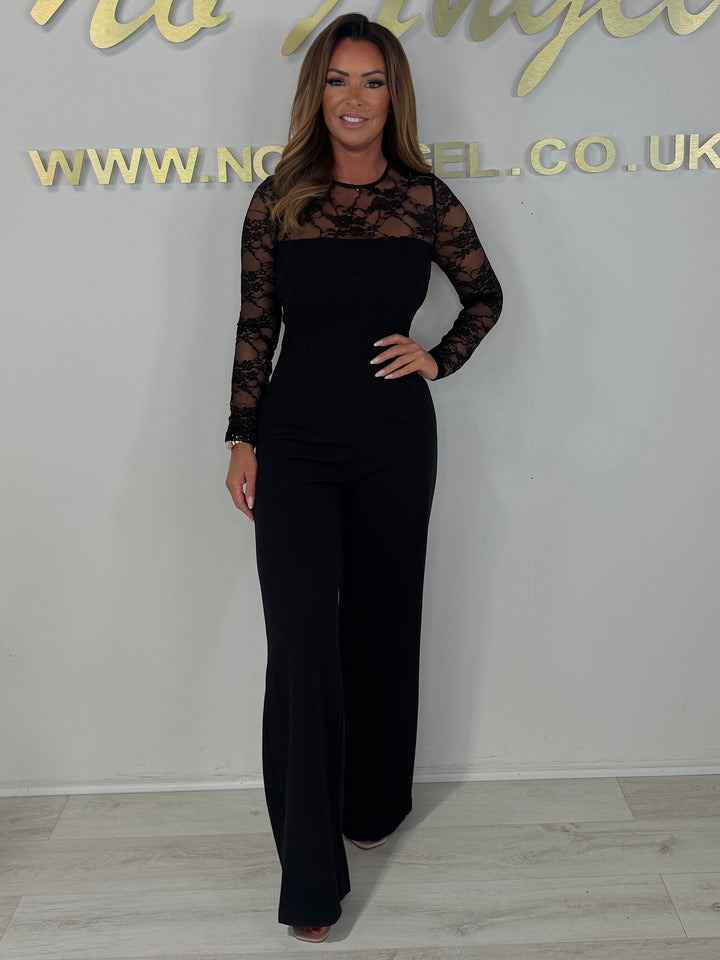 Black Lace Top Detail Straight Leg Jumpsuit