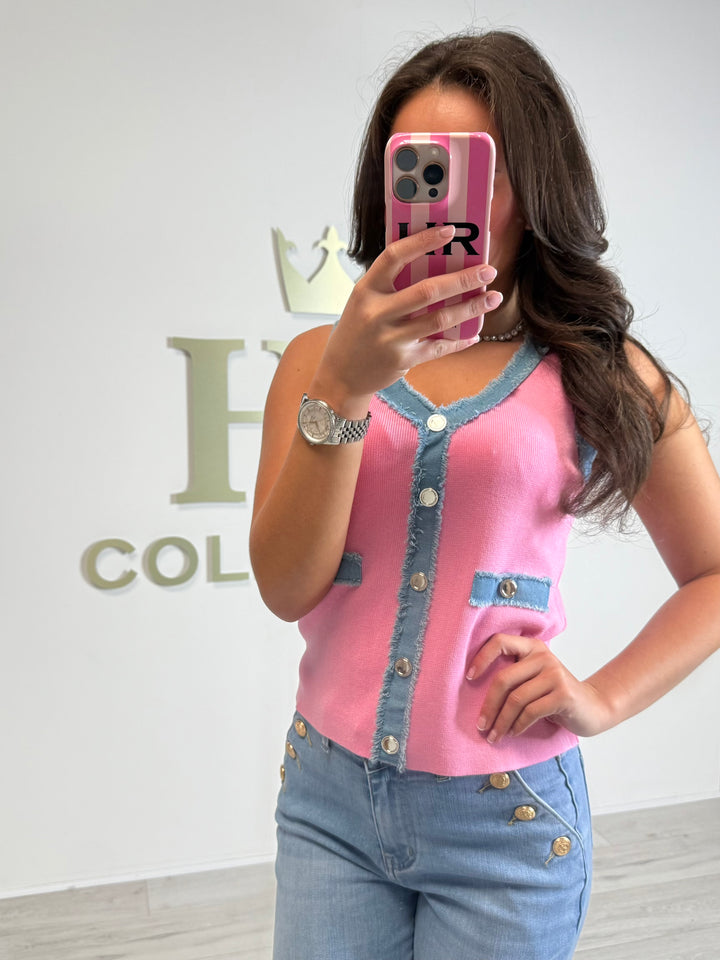 Ribbed V-Neck Denim Trim Gold Button Vest (2 Colours)