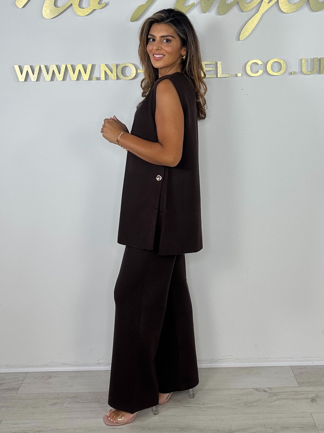 Soft Knit Round Neck Gold Button Side Split Top & Trouser Co-Ord (3 Colours)