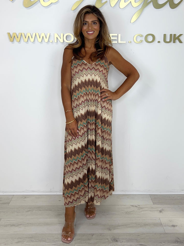 Multicoloured ZigZag Shimmer Detail Spaghetti Strap Pleated Maxi Dress (3 Colours)
