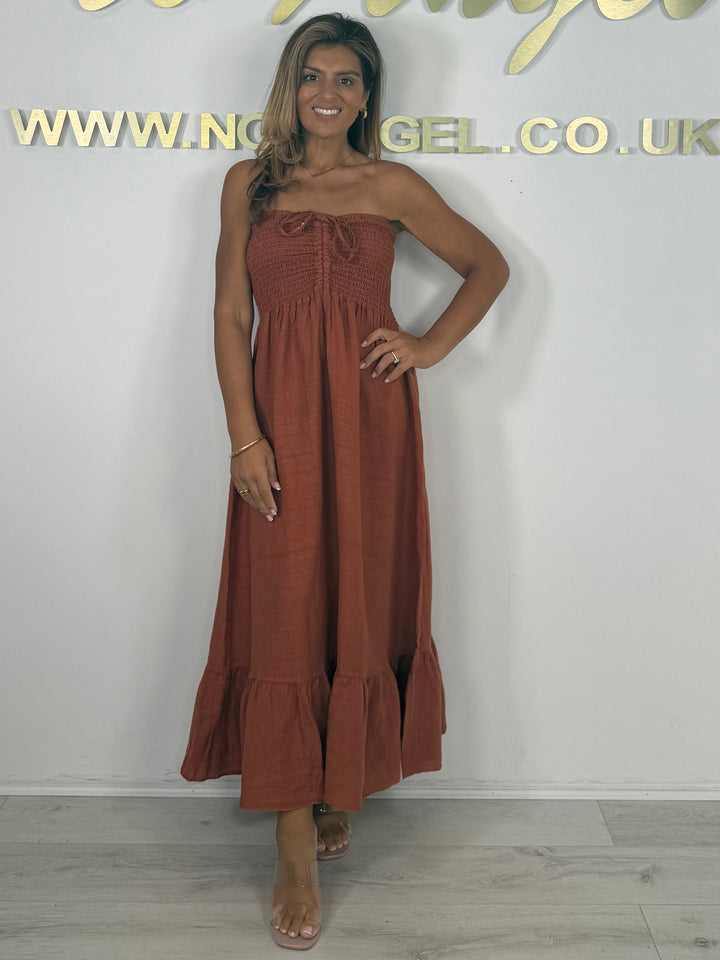Linen Smocked Bardot Maxi Dress (7 Colours)