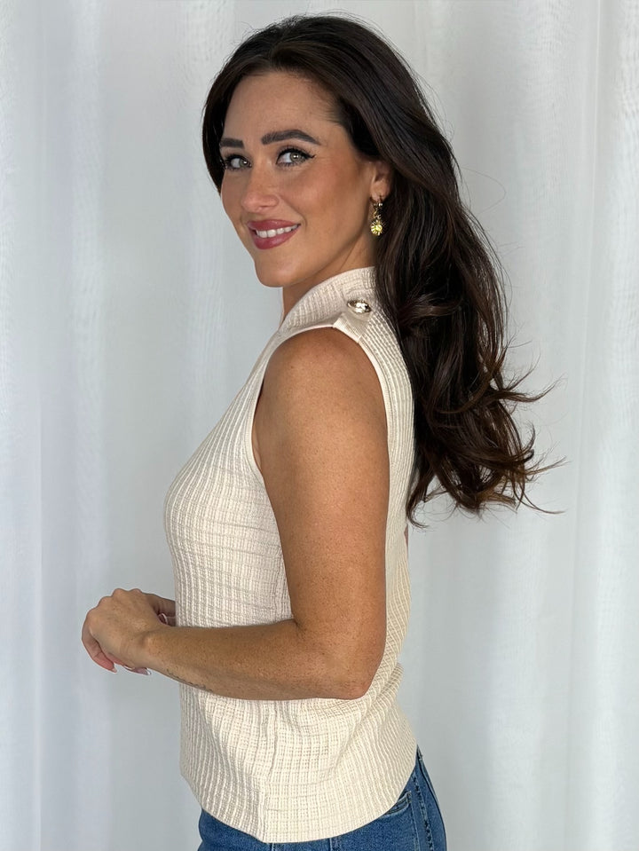 Waffle Knit Zip Up Gold Button Shoulder Vest Top (2 Colours)