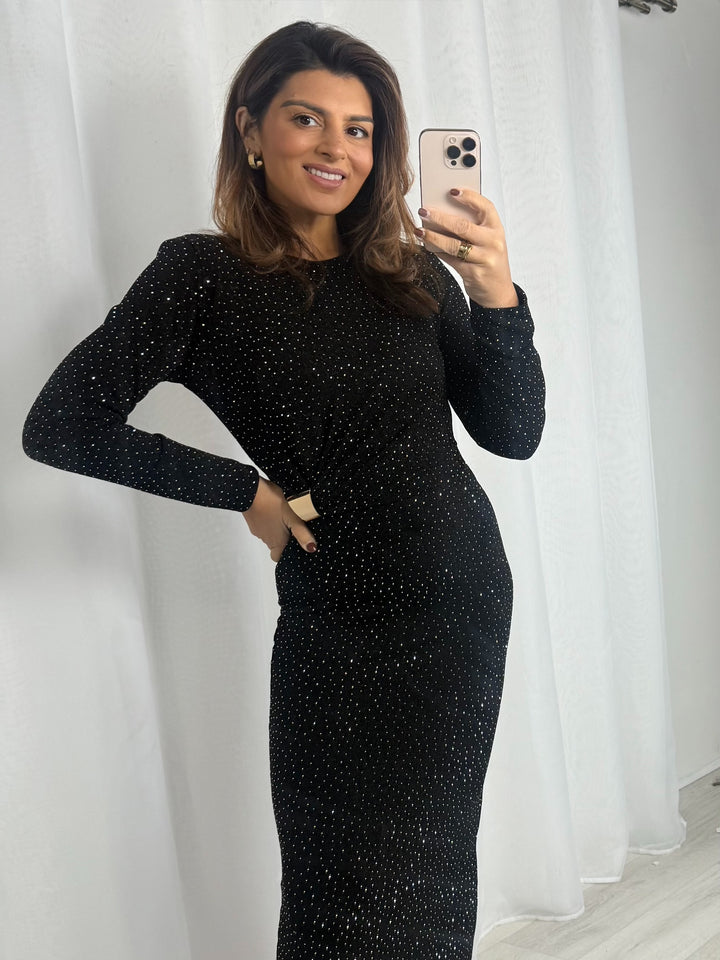 Silver Studded Long Sleeve Gold Clasp Maxi Dress (2 Colours)