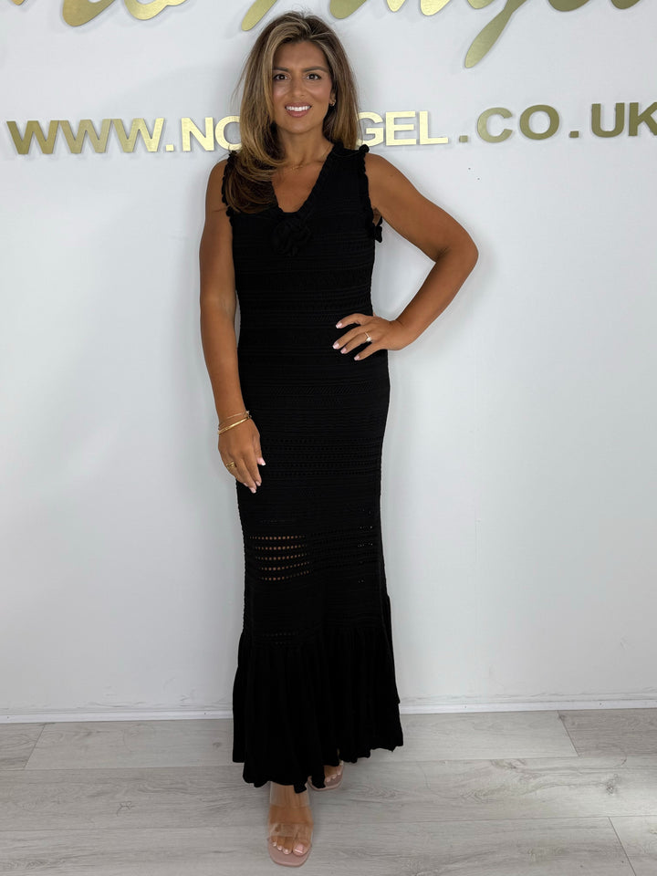 Crochet Knit Rose Detail Dropped Hem Maxi Dress With Under Insert  (2 Colours)